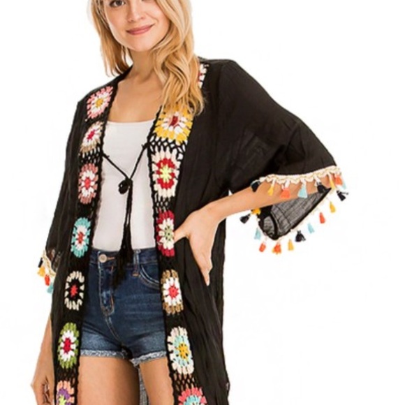 Crochet Floral Black Tie Tassel Embroidered Kimono - Picture 7 of 8